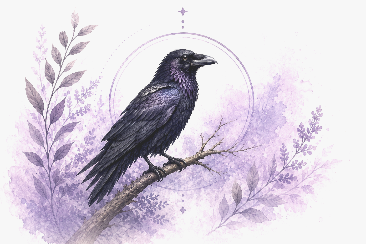 Raven artwork on watercolor background